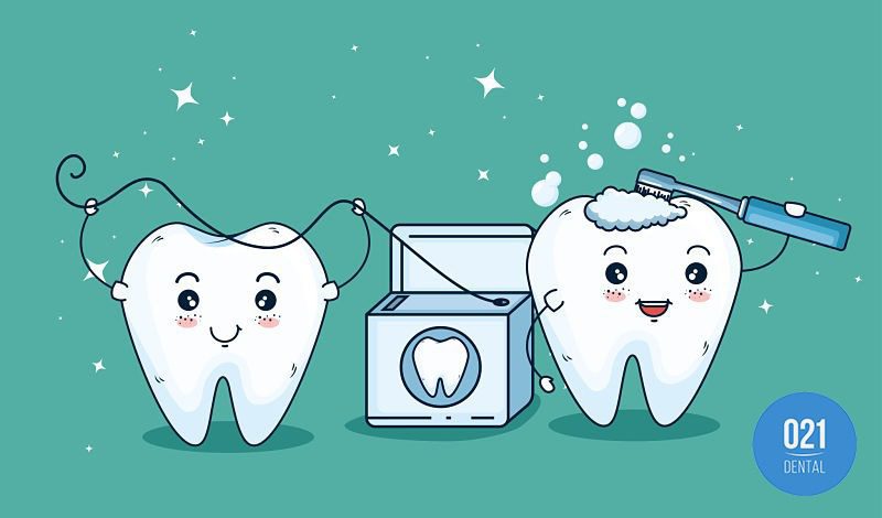 Ilustração de dentes saudáveis, com uso regular de fio dental e escovação