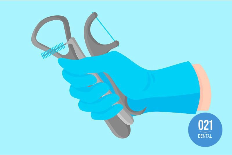 ilustração de profissional segurando raspador de língua e outros instrumentos